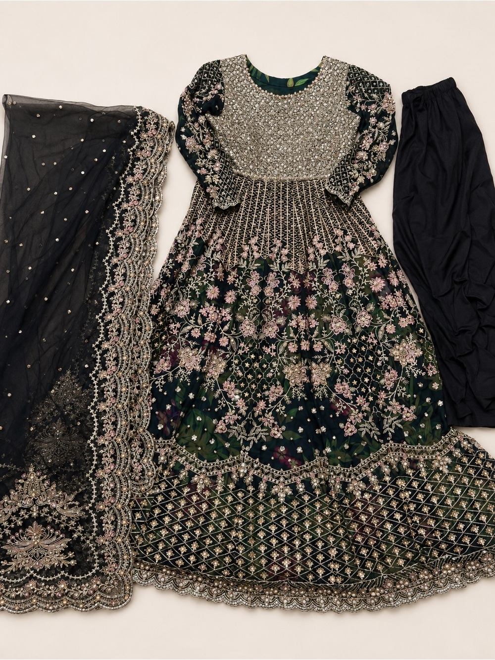 3 piece Full of stone work Floral Maxi Dress in black, Pakistani/ Indian dress